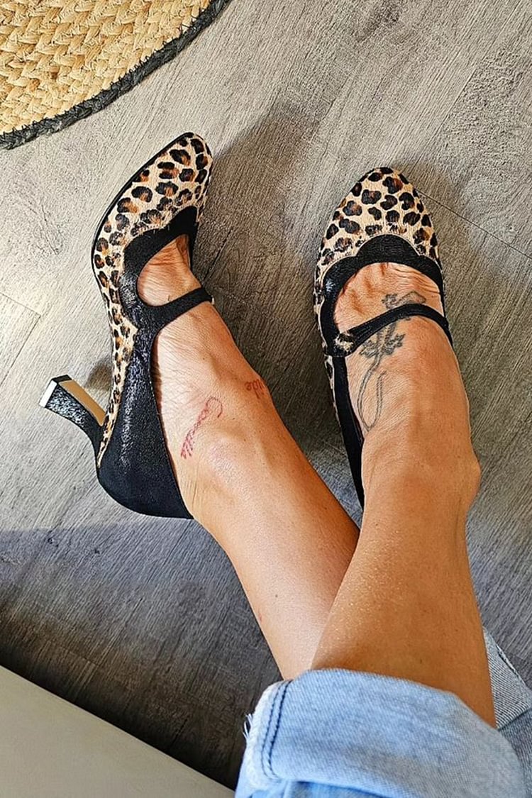 Leopardenmuster Patchwork Riemensandalen mit schwarzen klobigen Absätzen [Vorbestellung]
