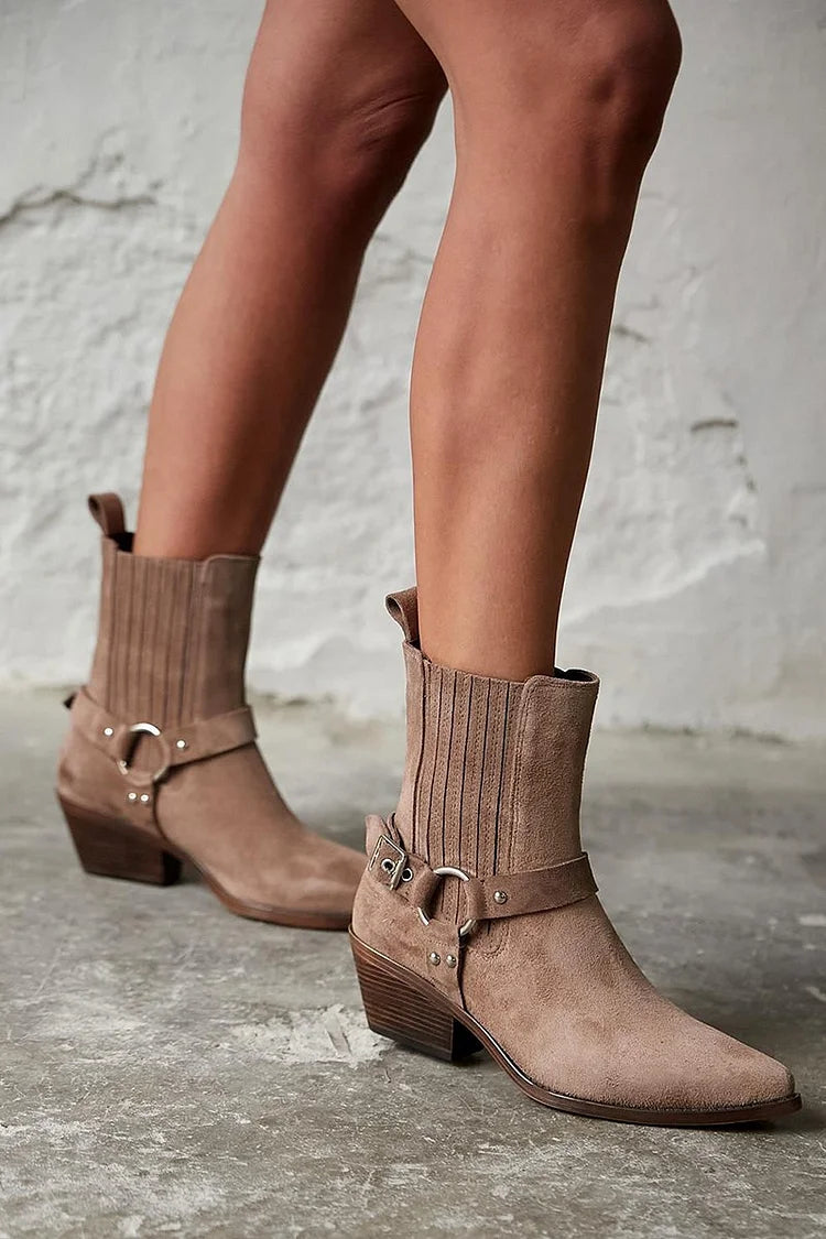 Braune Patchwork-Westernstiefel mit spitzem Zehenbereich und robustem Absatz [Vorbestellung]