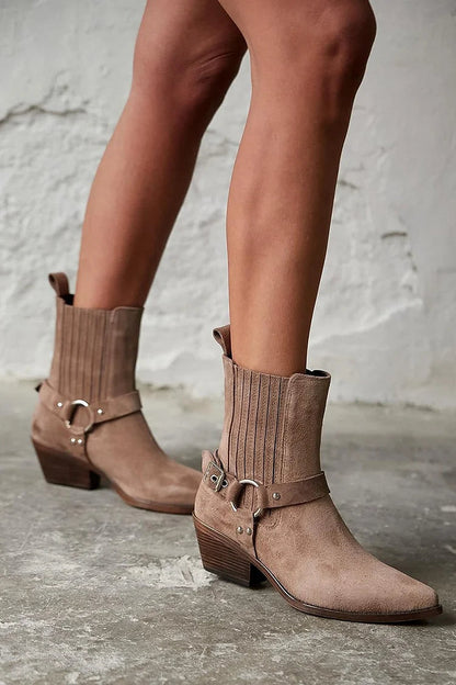Braune Patchwork-Westernstiefel mit spitzem Zehenbereich und robustem Absatz [Vorbestellung]
