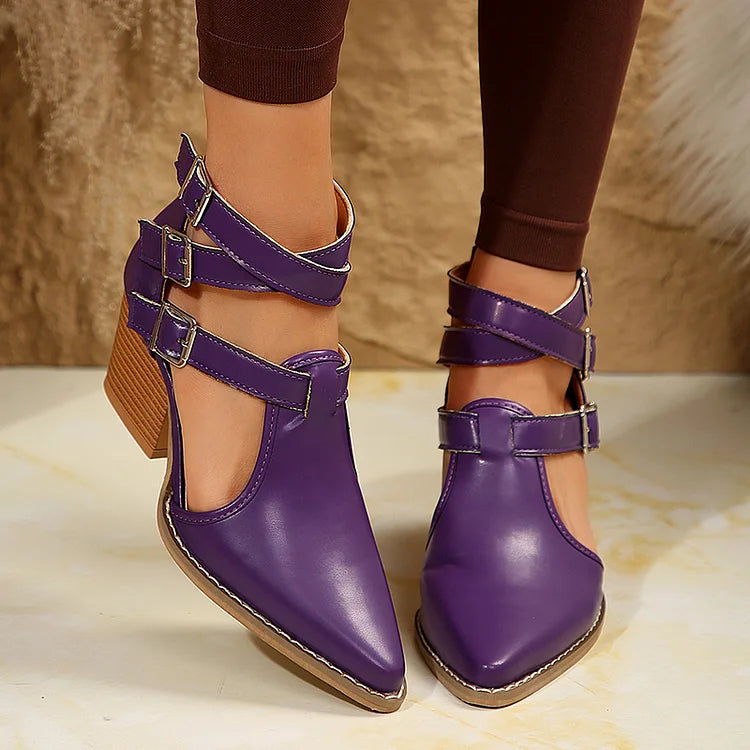 Einfarbige Schnallen-Kreuzriemen-Ankle Boots mit Spitzblockabsatz