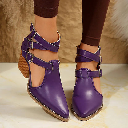 Einfarbige Schnallen-Kreuzriemen-Ankle Boots mit Spitzblockabsatz