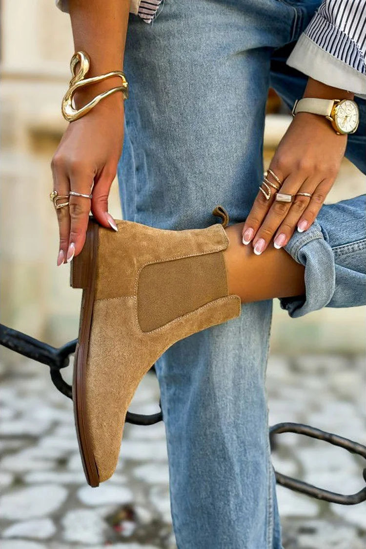 Khaki Chelsea-Stiefeletten im Patchwork-Design mit spitzer Zehenpartie – Zum Hineinschlüpfen [Vorbestellung]