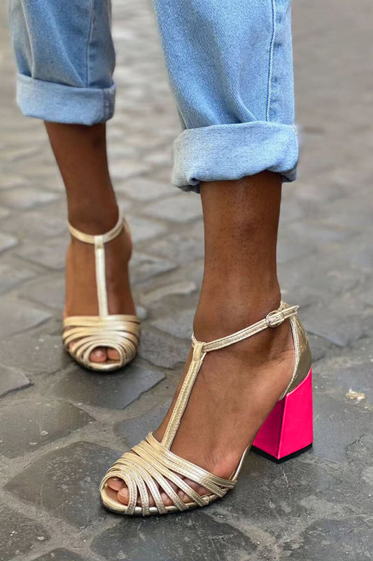 Chunky Peep-Toe Heels with Strappy T-Buckle Design