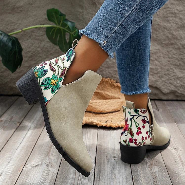 Blumenmuster Stiefeletten mit Patchwork-Reißverschluss und spitzem Zehenbereich