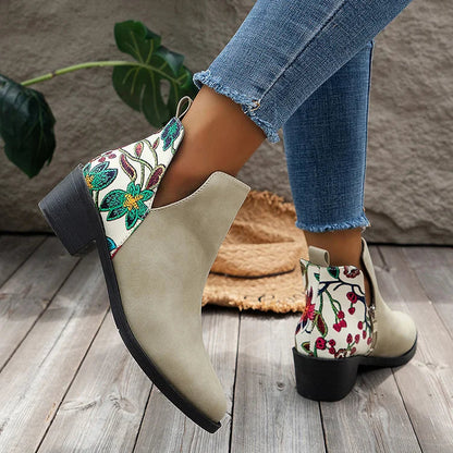 Blumenmuster Stiefeletten mit Patchwork-Reißverschluss und spitzem Zehenbereich
