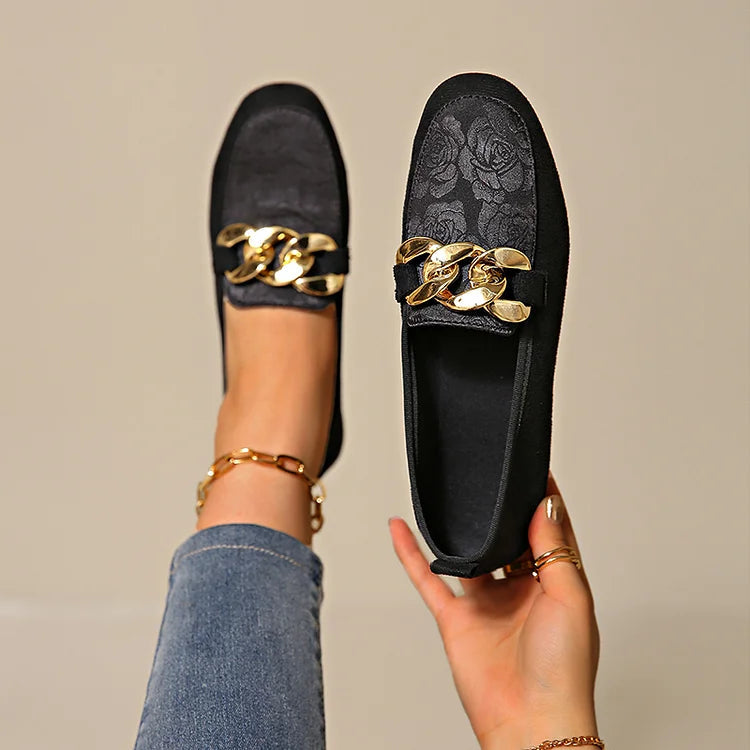 Loafer mit floralem Jacquard-Patchwork, Metallkettendekor und runder Zehenform