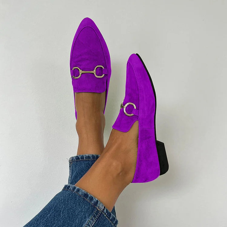 Elegante Metallic-Schnalle Spitz-Zehen Slip-On Ballerinas aus Kunstwildleder