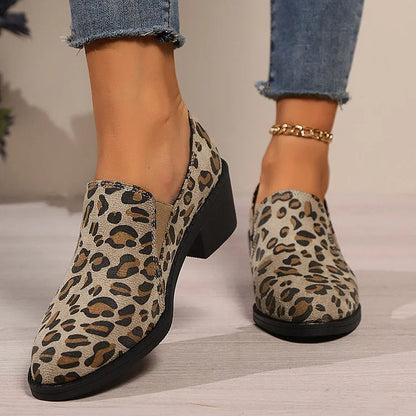 Bequeme Leopardenmuster-Slipper mit runder Zehenpartie und robustem Absatz