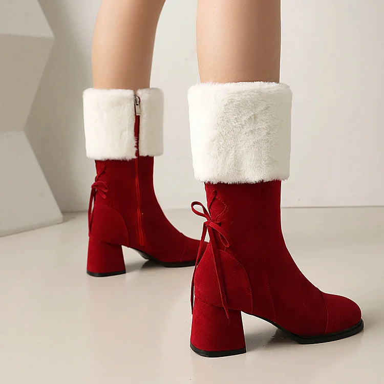Festliche Farbblock-Stiefel mit kuscheligem Besatz, Schnürung, quadratischer Zehenpartie und robustem Absatz
