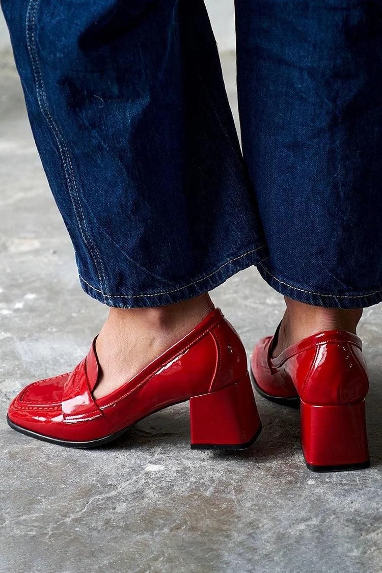 Rote, einfarbige, klobige Absatzschuhe mit quadratischer Zehenpartie im Patchwork-Design [Vorbestellung]