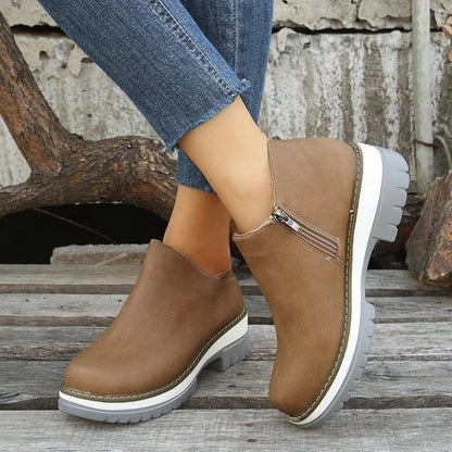 Patchwork-Ankle Boots mit runder Zehenpartie, klobigem Absatz und Reißverschluss – Lässige Stiefeletten