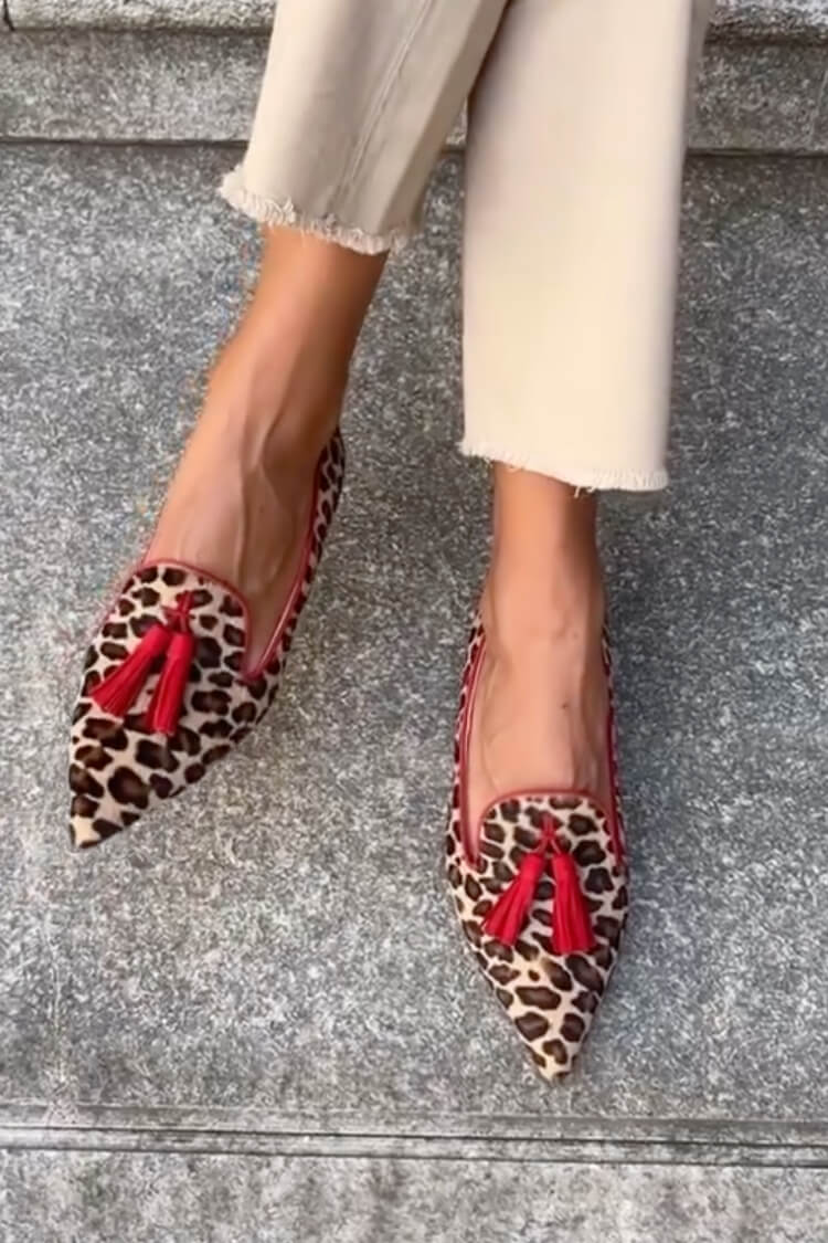 Bequeme spitze Ballerinas im Leopardenmuster mit Quasten-Details aus Wildlederimitat