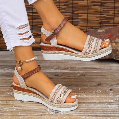 Woven Pattern Beaded Rhinestone Ankle Strap Buckle, Peep-Toe Wedge Sandals
