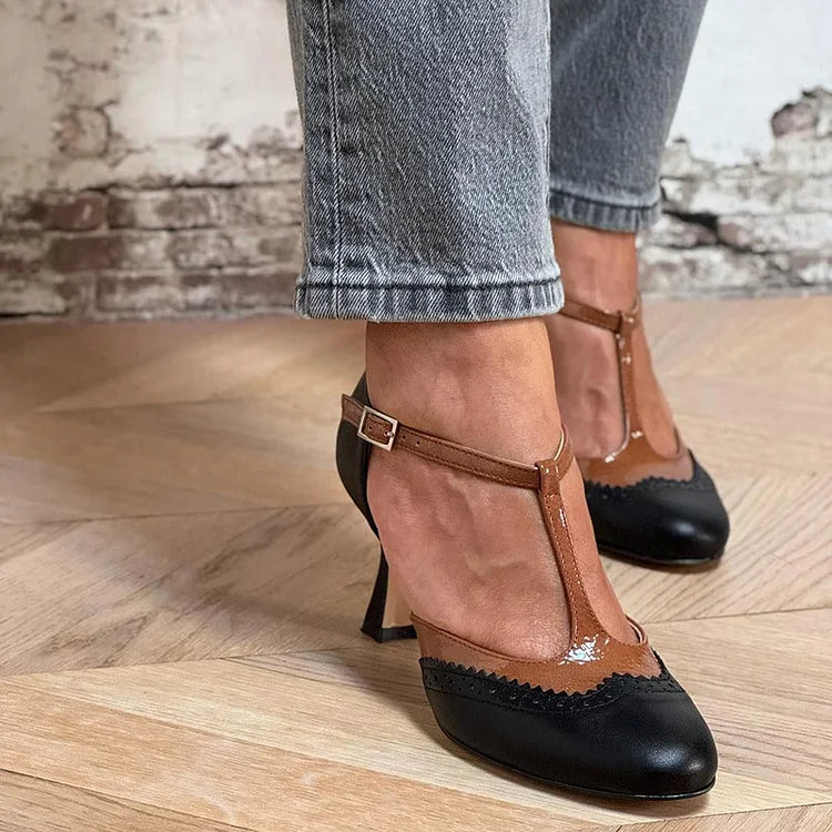 Schwarze Patchwork-Stiletto-Absätze mit T-Riemen, Schnalle und runder Zehenpartie