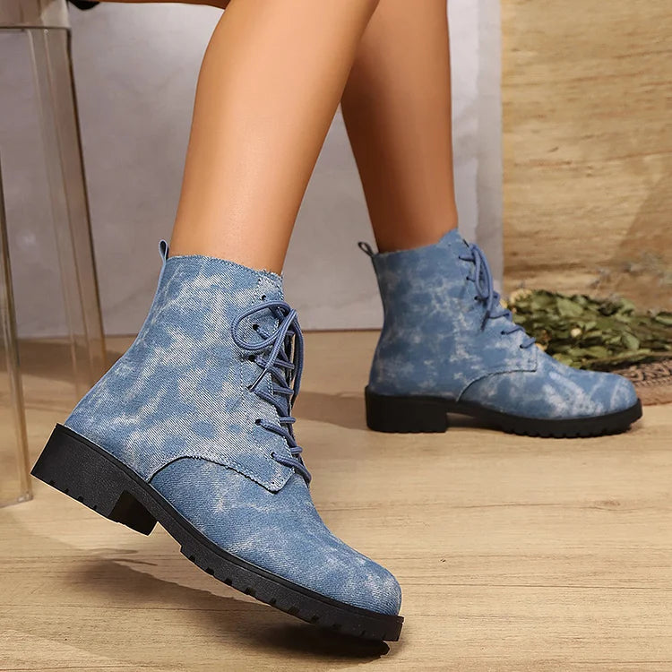 Runde Zehenpartie Denim-Stiefeletten mit Patchwork-Schnürung und robustem Absatz