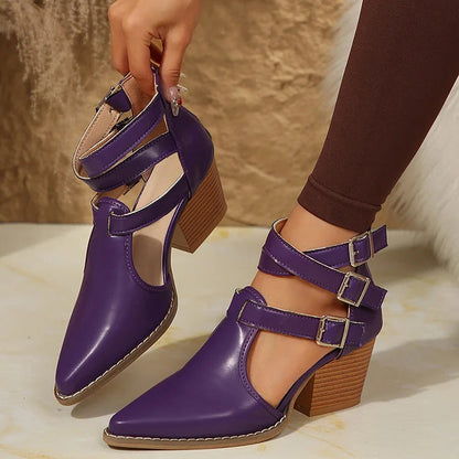 Einfarbige Schnallen-Kreuzriemen-Ankle Boots mit Spitzblockabsatz