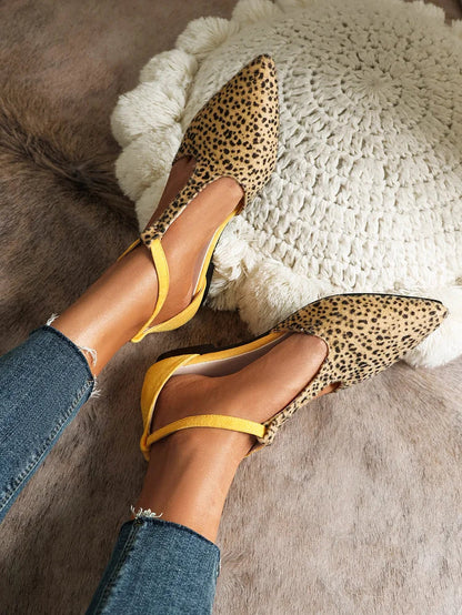 Damen Freizeit-Flats mit Leopardenmuster, Colorblock-Knöchelriemen, Schnalle und spitz zulaufender Zehenpartie