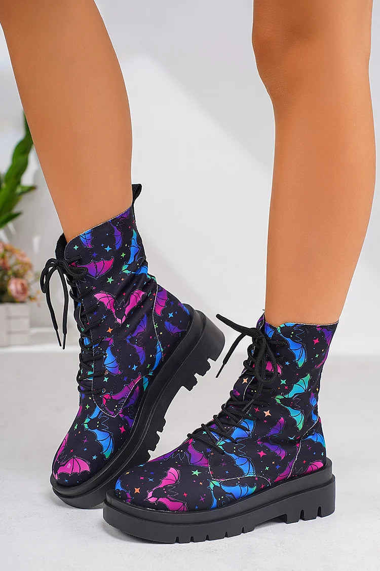 Bequeme Schnürstiefeletten mit runder Zehenpartie und Blumen-Schädel-Muster