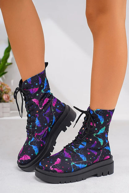 Bequeme Schnürstiefeletten mit runder Zehenpartie und Blumen-Schädel-Muster