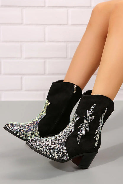 Spitz zulaufende Stiefeletten mit klobigem Absatz, Reißverschluss und funkelndem Strassdekor