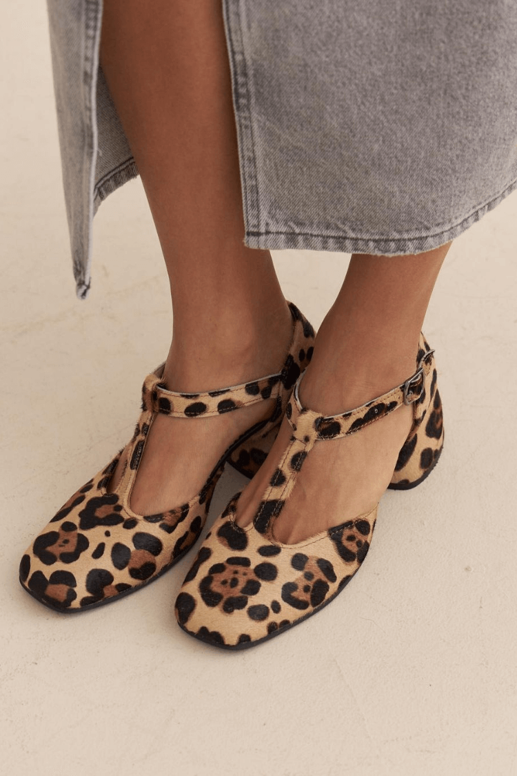 Leopardenmuster T-Riemen Blockabsatzschuhe