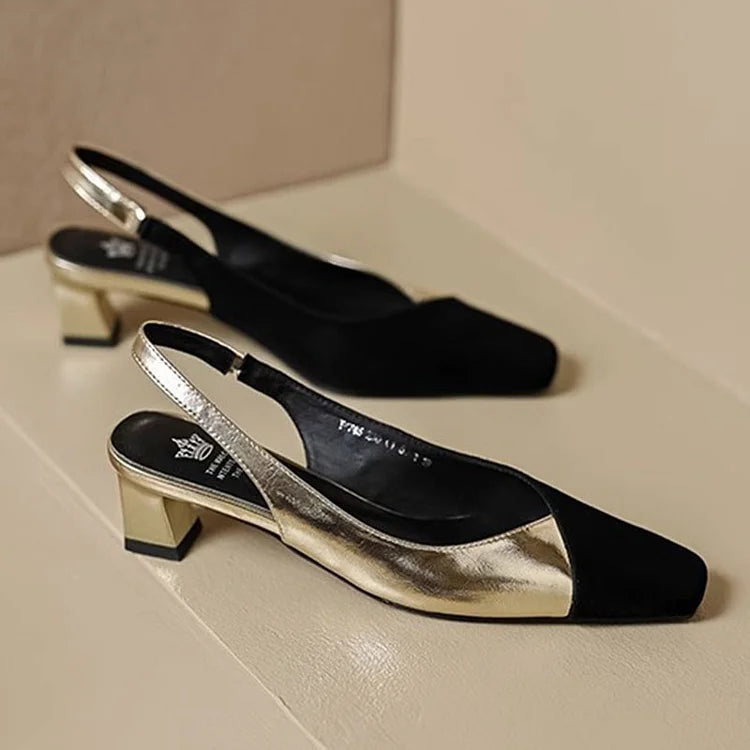 Moderne Metallic Slingback Sandalen mit quadratischem Blockabsatz und Patchwork-Design