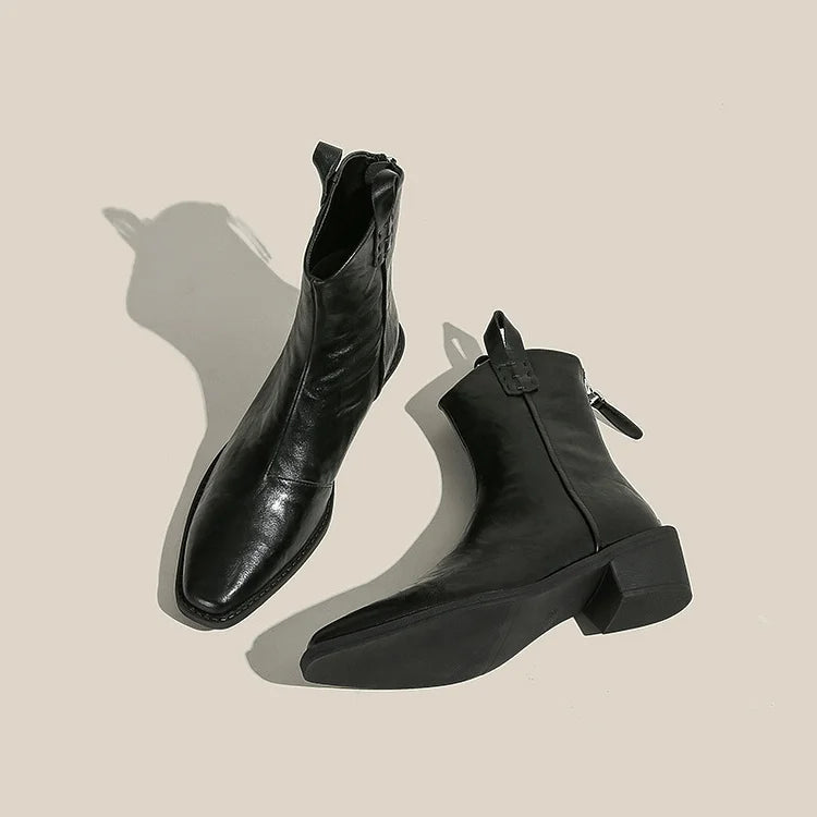 Einfarbige Stiefeletten mit quadratischer Zehenpartie, Patchwork-Reißverschluss und robustem Absatz