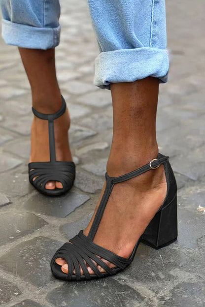 Chunky Peep-Toe Heels with Strappy T-Buckle Design