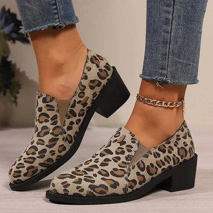 Bequeme Leopardenmuster-Slipper mit runder Zehenpartie und robustem Absatz