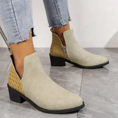Blumenmuster Stiefeletten mit Patchwork-Reißverschluss und spitzem Zehenbereich