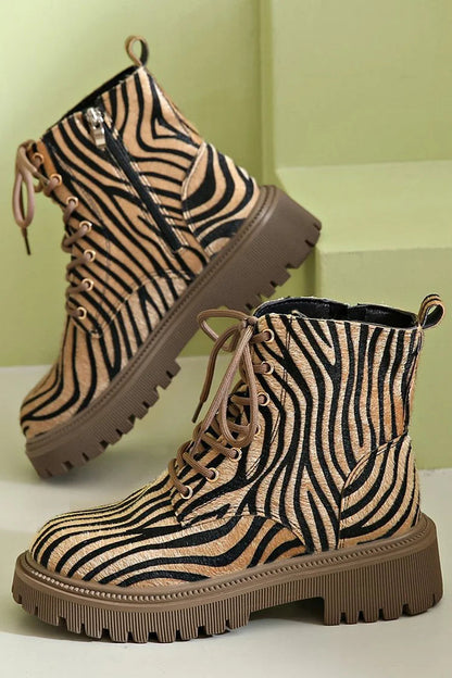 Zebramuster Schnür-Stiefeletten mit runder Zehenpartie im Patchwork-Design