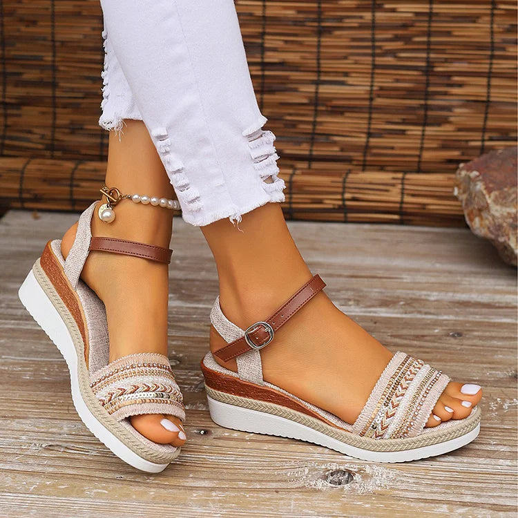 Woven Pattern Beaded Rhinestone Ankle Strap Buckle, Peep-Toe Wedge Sandals