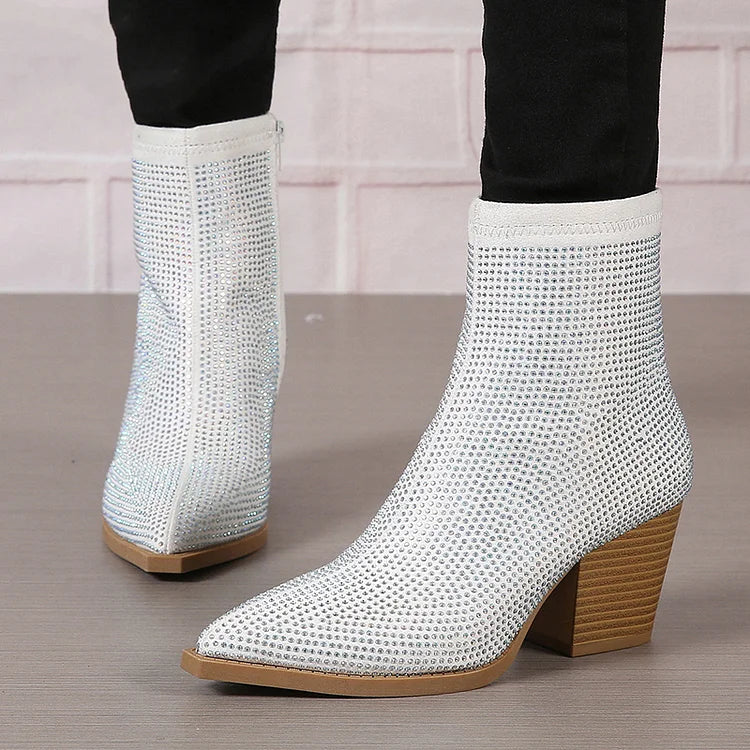 Spitz zulaufende Strass-Stiefeletten mit Reißverschluss und robustem Absatz