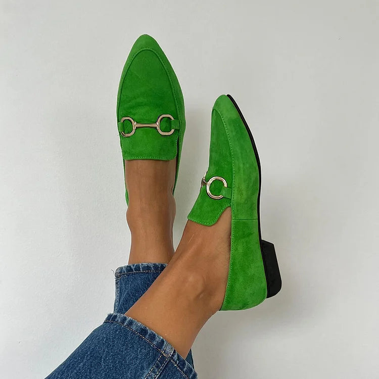 Elegante Metallic-Schnalle Spitz-Zehen Slip-On Ballerinas aus Kunstwildleder