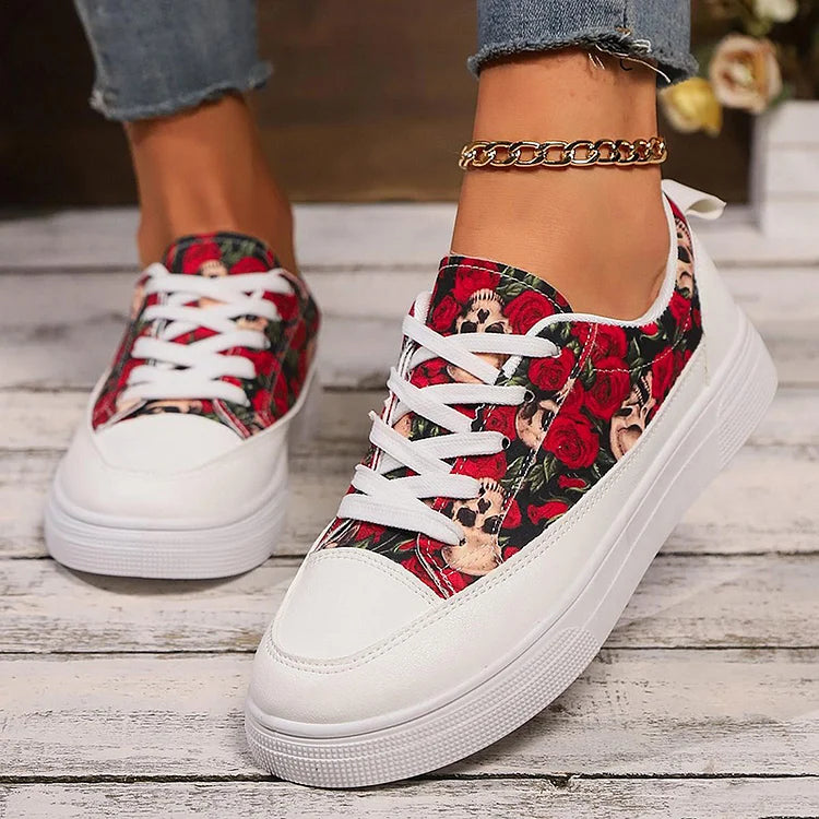 Halloween Skull Rose Colorful Floral Pattern Lace-Up Casual Shoes