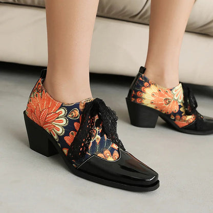 Leopardenmuster-Oxford-Schuhe mit Patchwork, quadratischer Zehenpartie und klobigem Absatz