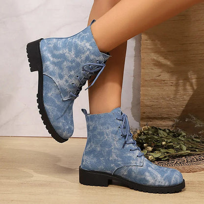 Runde Zehenpartie Denim-Stiefeletten mit Patchwork-Schnürung und robustem Absatz