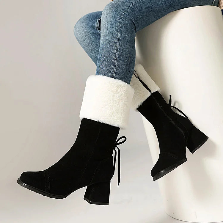 Festliche Farbblock-Stiefel mit kuscheligem Besatz, Schnürung, quadratischer Zehenpartie und robustem Absatz