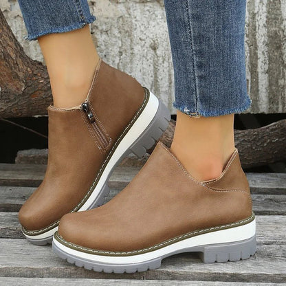 Patchwork-Ankle Boots mit runder Zehenpartie, klobigem Absatz und Reißverschluss – Lässige Stiefeletten