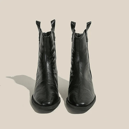 Einfarbige Stiefeletten mit quadratischer Zehenpartie, Patchwork-Reißverschluss und robustem Absatz