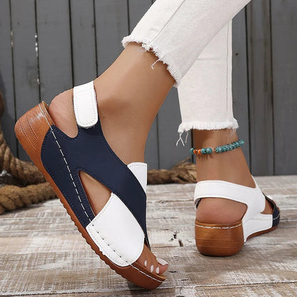 Farbblock Cut-Out Plateau Slingback Sandalen mit Magischem Riemen und Klettverschluss