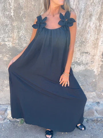 Livia | Damenkleid in einfarbigem Design mit floralen Akzenten und U-Ausschnitt