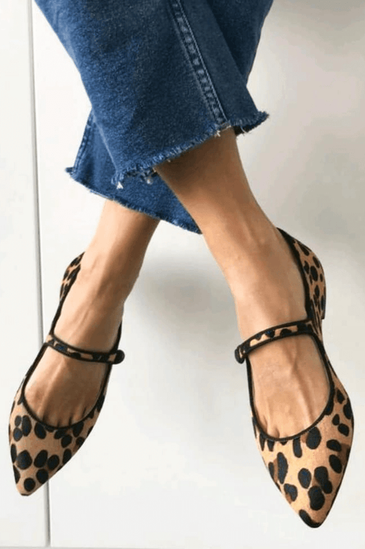 Leopardenmuster Wildlederimitat Ballerinas mit Knöchelriemen