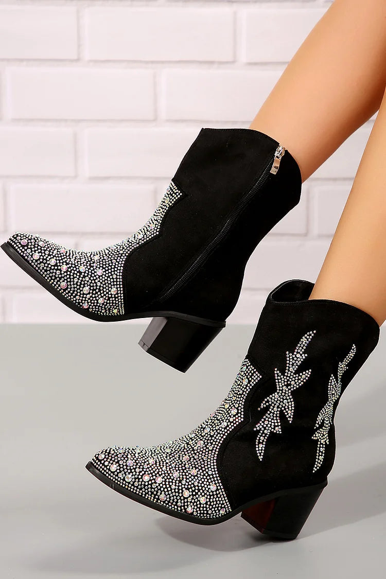 Spitz zulaufende Stiefeletten mit klobigem Absatz, Reißverschluss und funkelndem Strassdekor