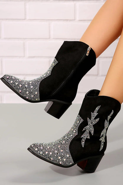Spitz zulaufende Stiefeletten mit klobigem Absatz, Reißverschluss und funkelndem Strassdekor