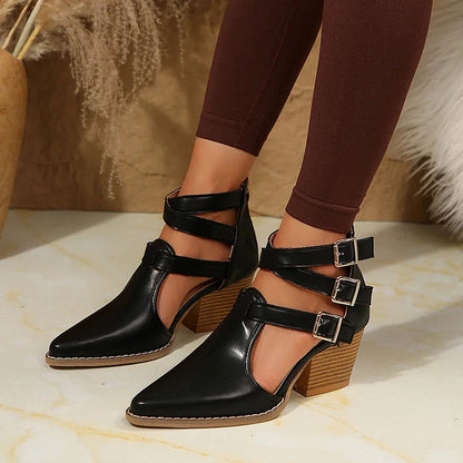 Einfarbige Schnallen-Kreuzriemen-Ankle Boots mit Spitzblockabsatz