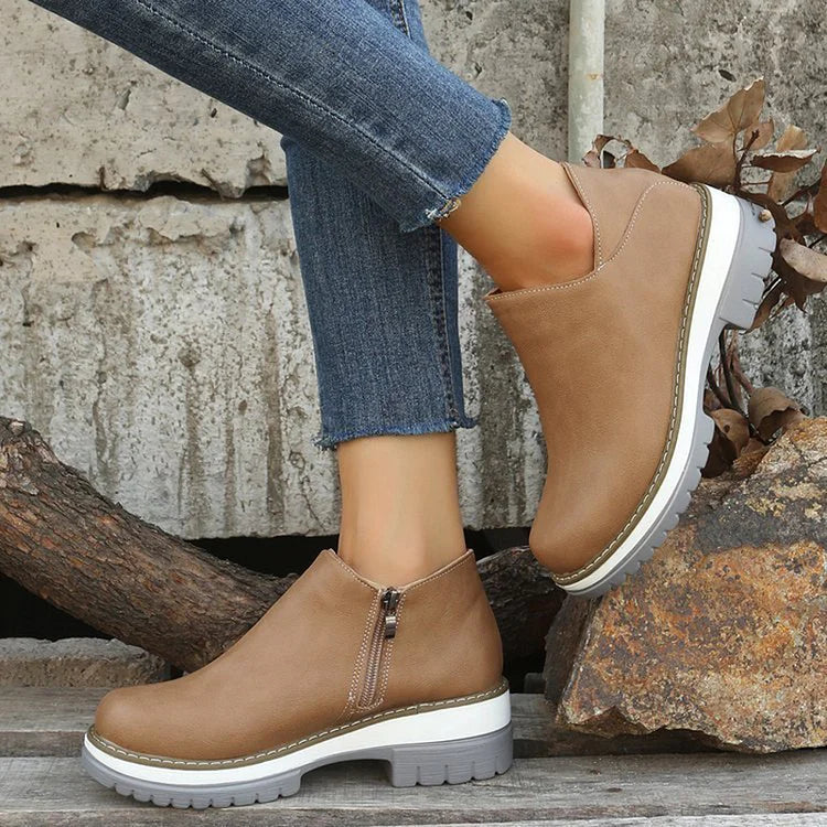 Patchwork-Ankle Boots mit runder Zehenpartie, klobigem Absatz und Reißverschluss – Lässige Stiefeletten