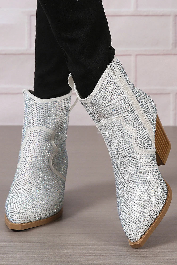 Stiefeletten mit Strassverzierungen, Patchwork-Reißverschluss und spitzem Zehenbereich