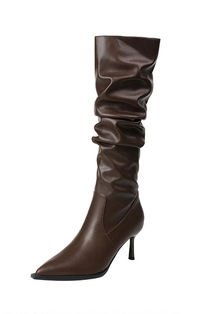 Kniehohe Stiefel mit spitzem Zehenbereich und einfarbigem Patchwork-Stiletto-Absatz