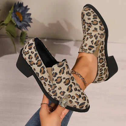 Bequeme Leopardenmuster-Slipper mit runder Zehenpartie und robustem Absatz